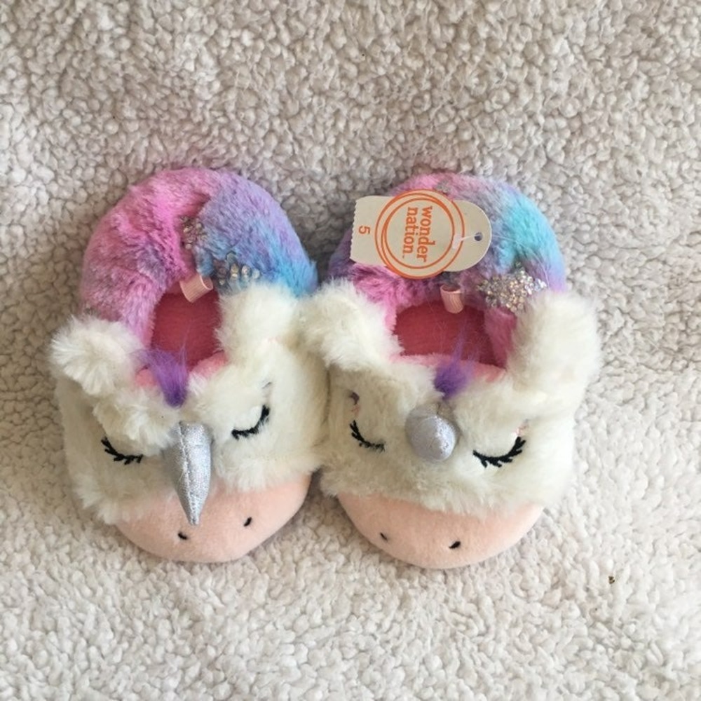 Wonder Nation Unicorn Slippers Toddler Girls Size 6 Pink NWT Faux Fur Glitter